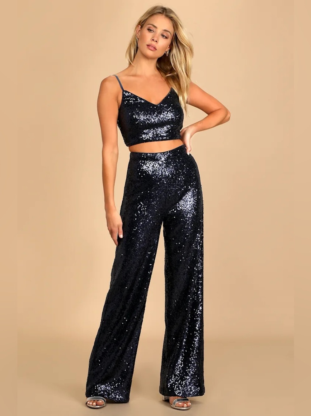 Lulu's Twice the Glam Navy Blue Sequin Lace-Up Two-Piece Jumpsuit
